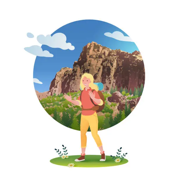 Vector illustration of Female traveler trekking in Mountain valley Isolated on White Background. Concept illustration promoting travel destinations and tourism.