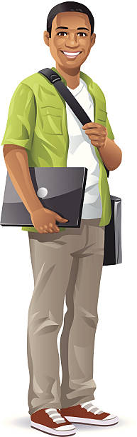 Male Student With Laptop Illustration of young male african student with a laptop, isolated on white. EPS8, fully editable. adolescence illustrations stock illustrations