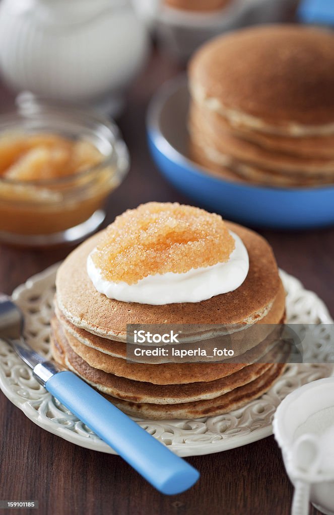 Buttermilk oat bran pancakes Buttermilk oat bran pancakes with pike caviar, selective focus Bran Stock Photo