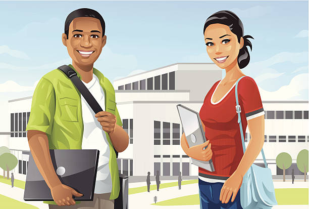 Students on Campus Illustration of a male and a female college student on campus. EPS8, fully editable and all labeled in layers. adolescence illustrations stock illustrations