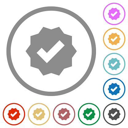 Verified sticker solid flat color icons in round outlines on white background