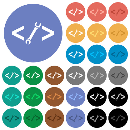 Web development with wrench multi colored flat icons on round backgrounds. Included white, light and dark icon variations for hover and active status effects, and bonus shades.