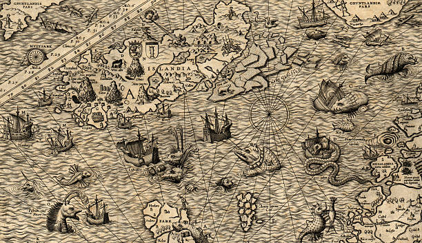 Antique map Antique map of Northen Sea (1572, fragment) viking ship photos stock pictures, royalty-free photos & images