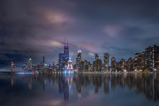 A nighttime Chicago skyline photographed from North Avenue Beach