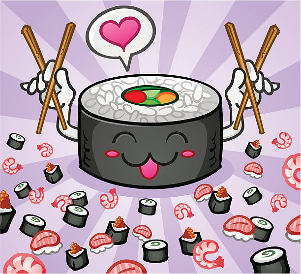 스시 문자 사랑입니다 및 젓가락 - sushi cartoon pulut japanese culture stock illustrations