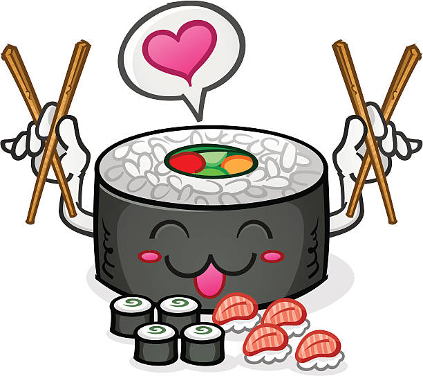 스시 문자 사랑입니다 및 젓가락 - sushi cartoon pulut japanese culture stock illustrations