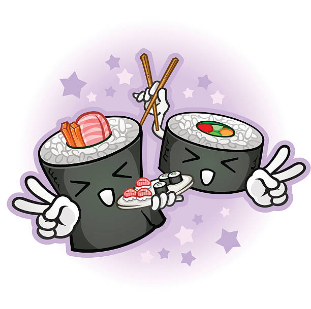 ilustrações, clipart, desenhos animados e ícones de sushi caracteres segurando hashis e prato - sushi cartoon pulut japanese culture