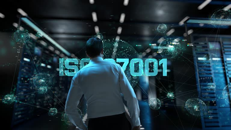 ISO 27001. IT Administrator Activating Modern Data Center Server with Hologram.