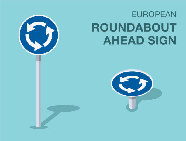 illustrations, cliparts, dessins animés et icônes de règles de régulation de la circulation. panneau de carrefour giratoire européen isolé. vue de face et de dessus. modèle d’illustration vectorielle. - curve road in front of sign