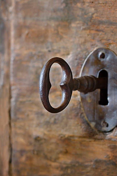 istock Closeup of an old keyhole with key 159114732