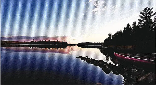 Vector illustration of Wilderness Lake, Sunset and Canoe