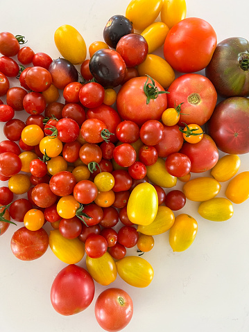 Assortment of tomatoes on a white background, different varieties of red and yellow tomatoes, close up, overhead shot, top view, copy space
