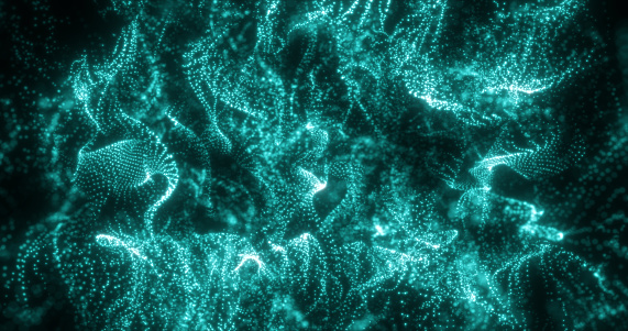 Abstract green energy lines and particles magical bright glowing futuristic hi-tech background.
