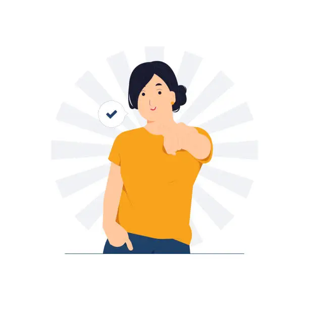 Vector illustration of Cheerful girl stand smiling friendly pointing index finger at camera, choosing, picking person, inviting you, encourage friend to make move, congratulate, and giving motivation concept illustration