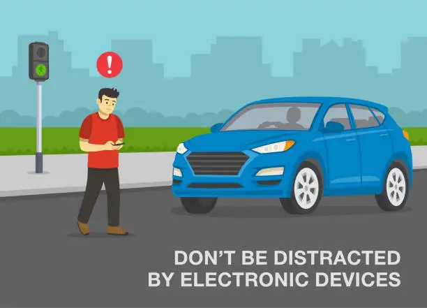 Vector illustration of Pedestrian road safety rules. Young male character crossing the road while using mobile phone in front of a blue suv car. Don't be distracted by electronic devices.