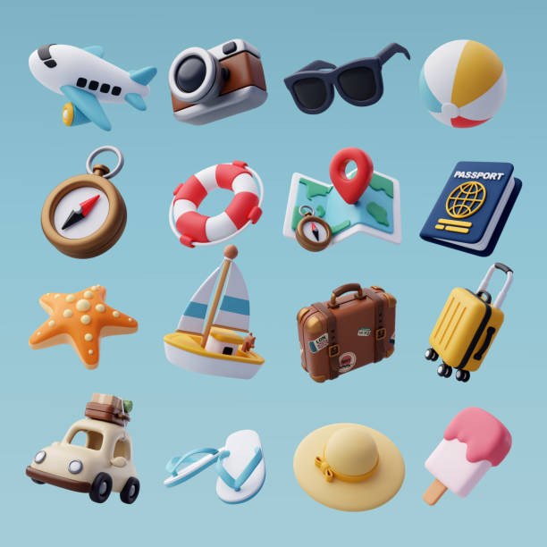 stockillustraties, clipart, cartoons en iconen met collection of travel tourism 3d icon, trip planning world tour. holiday vacation, travel and transport concept. - hoofddeksel