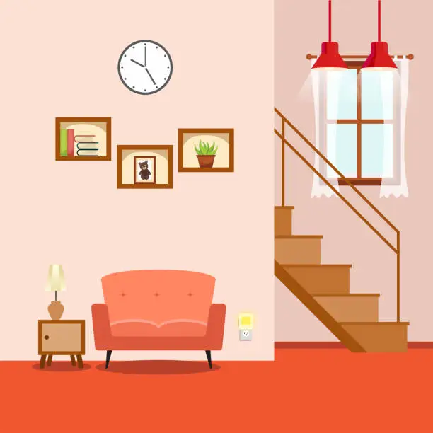 Vector illustration of Interior of the living room. Vector banner. Design of a cozy room with sofa, TV stand, window and decor accessories.