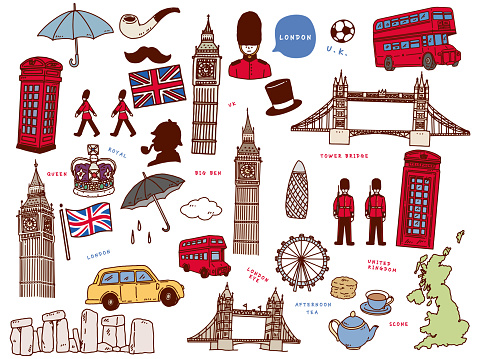 afternoon tea, big ben, bridge, britain, british, british food, bus, classic, crown, dandy, design, detective, england, english, europe, european, fashion, flag, gentleman, guardsman, hand-drawn, illustration, king, kingdom, landmark, london, london bridge, magic, map, phone box, queen, rain, royal, scone, scribbling, silk hat, sketch, soccer, soldier's trip, stonehenge, tea, telephone, tourism, tower, traditional, travel, uk, umbrella, vector, vintage