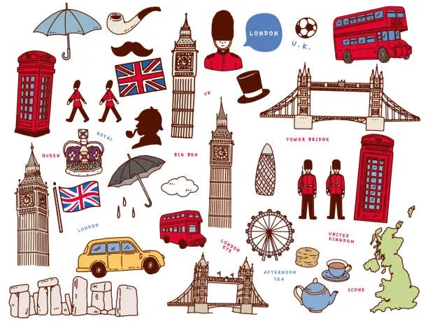 Vector illustration of Hand-drawn illustrations from London, England.Art, Big Ben, London Bus, Bridge, Queen and Afternoon Tea.