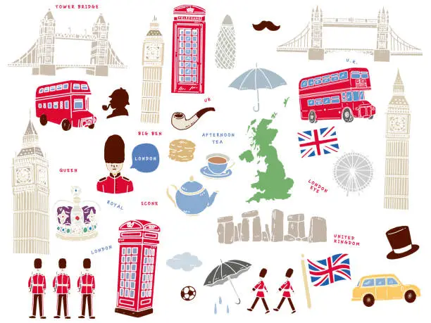 Vector illustration of Hand-drawn illustrations from London, England.Art, Big Ben, London Bus, Bridge, Queen and Afternoon Tea.