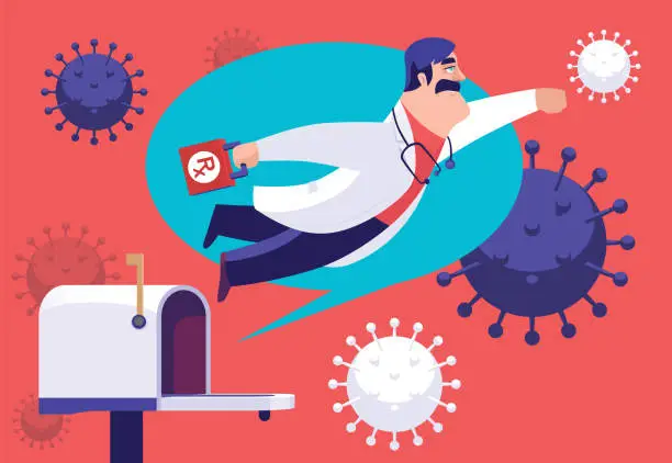 Vector illustration of doctor coming out from mailbox and hitting virus