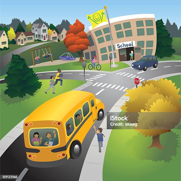 Escola De Tempo - Arte vetorial de stock e mais imagens de Criança - Criança, Autocarro, Autocarro Escolar