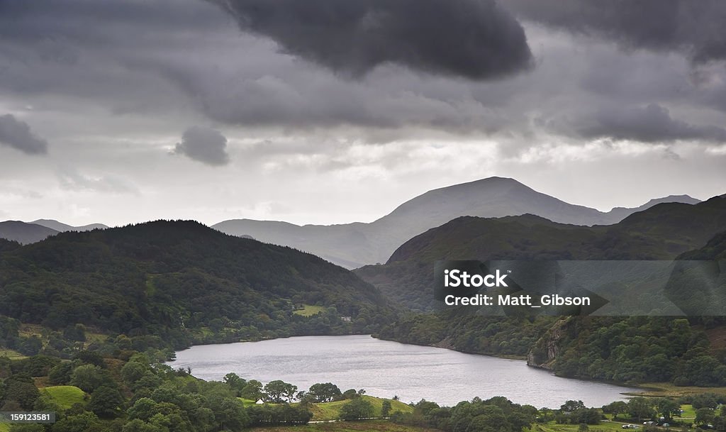 Panorama alla valle di Llyn Dinas di Snowdonia - Foto stock royalty-free di Albero