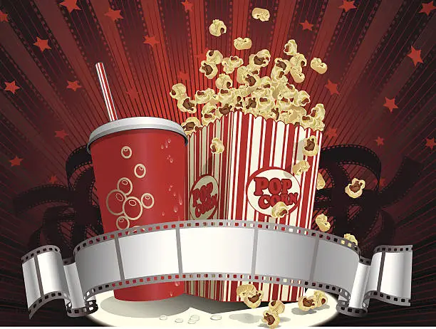 Vector illustration of Soda Cup, Popcorn and Filmstrip Vector