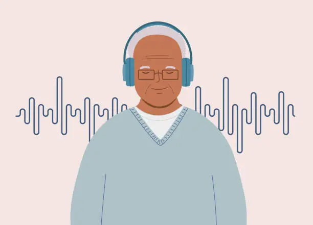 Vector illustration of Senior Black Man Listening To Music Using Headphones.