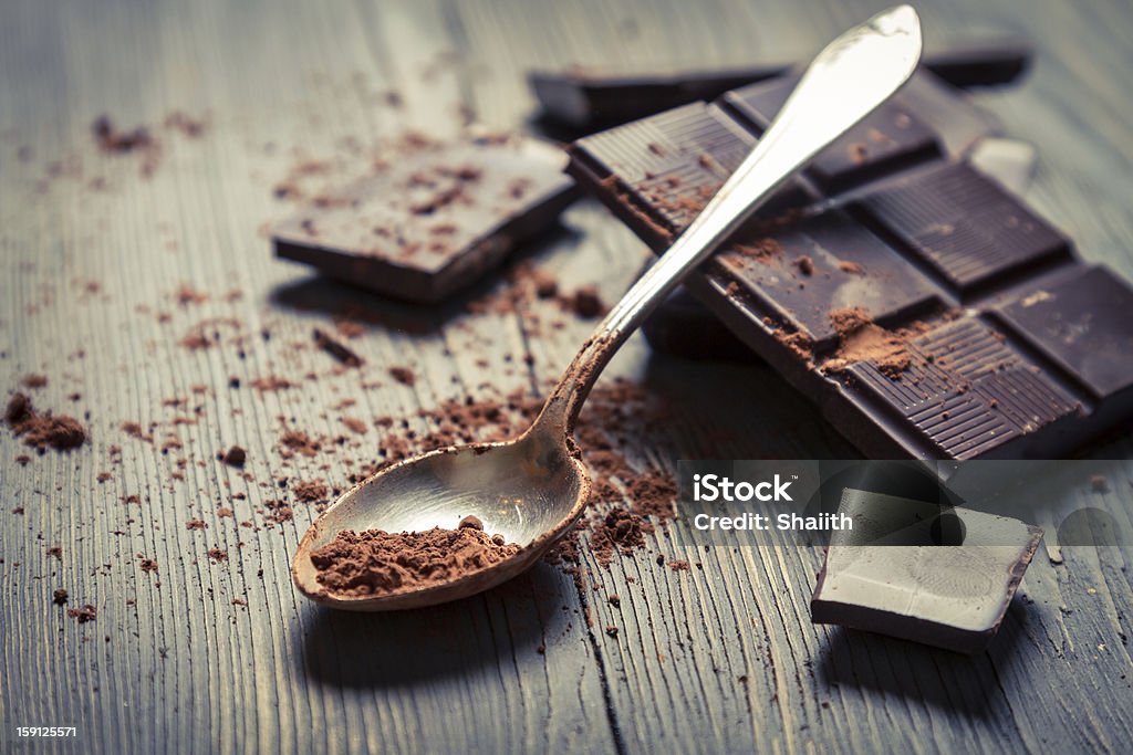 Closeup of Cocoa Powder on spoon Closeup of Cocoa Powder on spoon. Dark Chocolate Stock Photo