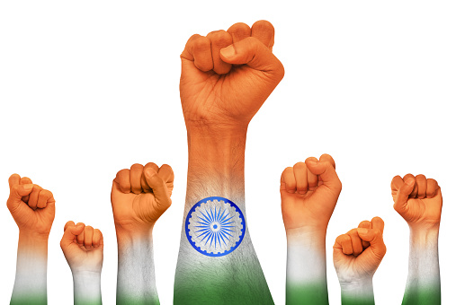 Powerful fist of people, people leaders hand with India flag, labour day, equal rights for people, JAI HIND power on India.