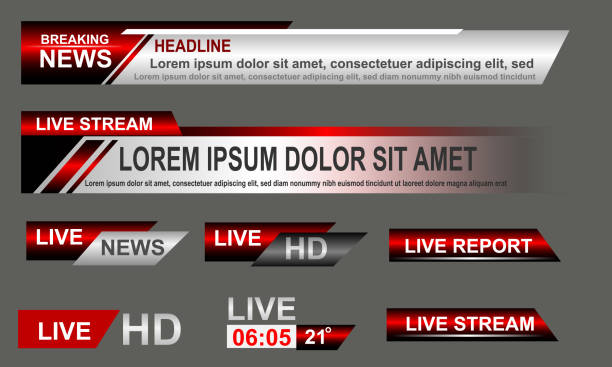 Broadcast News Lower Thirds Template layout purple grey set collection design banner for bar Headline news title, sport game in Television, Video and Media Channel vector Broadcast News Lower Thirds Template layout purple grey set collection design banner for bar Headline news title, sport game in Television, Video and Media Channel vector illustration. breaking news stock illustrations