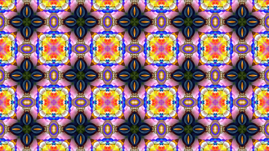 Big red yellow flower with purple leaves and black orange robot head kaleidoscope reflection texture pattern background