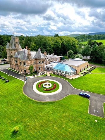Biggar, United Kingdom – July 28, 2023: A Cornhill Castle Hotel and wedding venue set in the South Lanarkshire town of Biggar Scotland