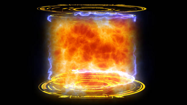 istock Nuclear fusion engine simulation of atomic collision to powerful release mass power in digital blue laboratory on the black isolated 1591280452