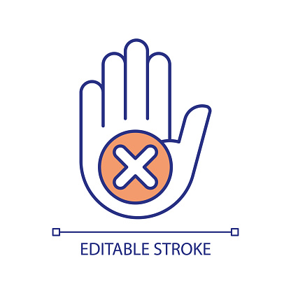 Stop hand sign RGB color icon. Stop gesture. No touching. No entry. Denied access. Not approved. Restricted area. Isolated vector illustration. Simple filled line drawing. Editable stroke