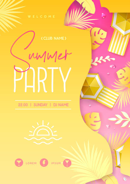 Summer disco cocktail party  poster with tropic leaves and beach umbrella. Summertime background. Vector illustration Summer disco cocktail party  poster with tropic leaves and beach umbrella. Summertime background. Vector illustration pink beach umbrella stock illustrations