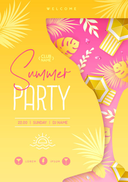 Summer disco cocktail party  poster with tropic leaves and beach umbrella. Summertime background. Vector illustration Summer disco cocktail party  poster with tropic leaves and beach umbrella. Summertime background. Vector illustration pink beach umbrella stock illustrations