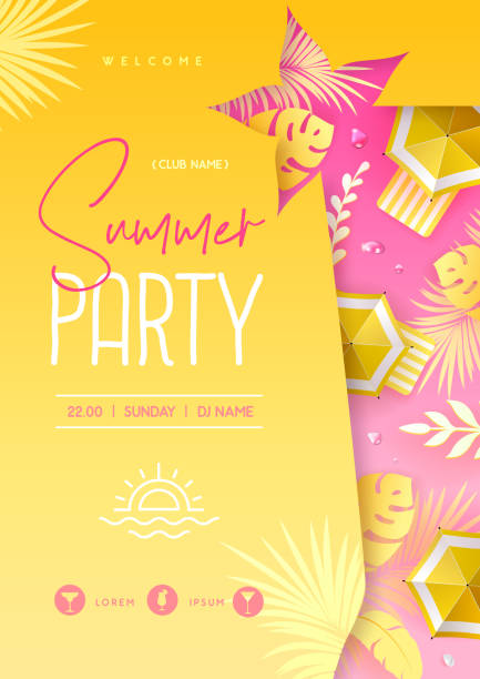 Summer disco cocktail party  poster with tropic leaves and beach umbrella. Summertime background. Vector illustration Summer disco cocktail party  poster with tropic leaves and beach umbrella. Summertime background. Vector illustration pink beach umbrella stock illustrations