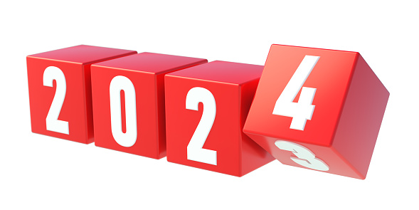 2024 New Year. Red cubes isolated on white background. 3d render
