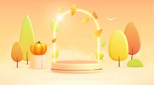 Vector illustration of Hello Autumn background with 3D plastic stage and landscape with trees and clouds. Vector illustration