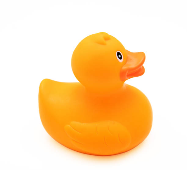 istock Rubber duck orange color isolated on white, above view 1591332479