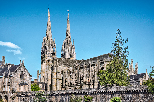 View of the Cathedral Saint-Corentin and city wall in Quimper, Brittany, France.