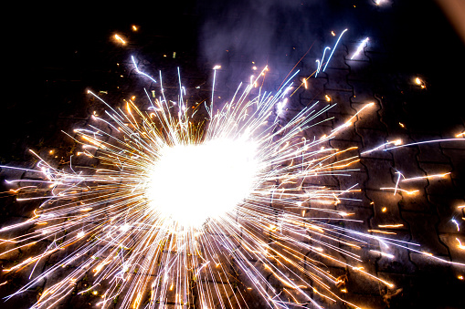 firework ,Diwali festival celebrations in India. Firecracker Spinning On The Ground