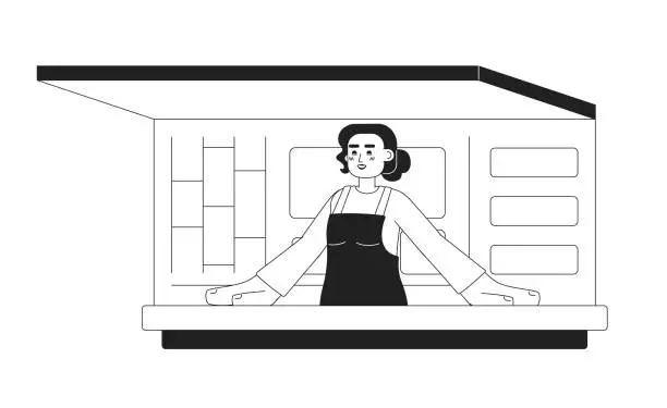 Vector illustration of Woman inside food track monochromatic flat vector character