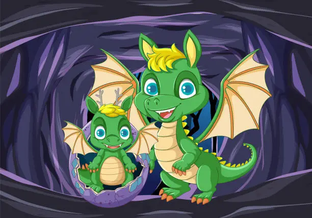 Vector illustration of Hatching Baby Dragon in Cave