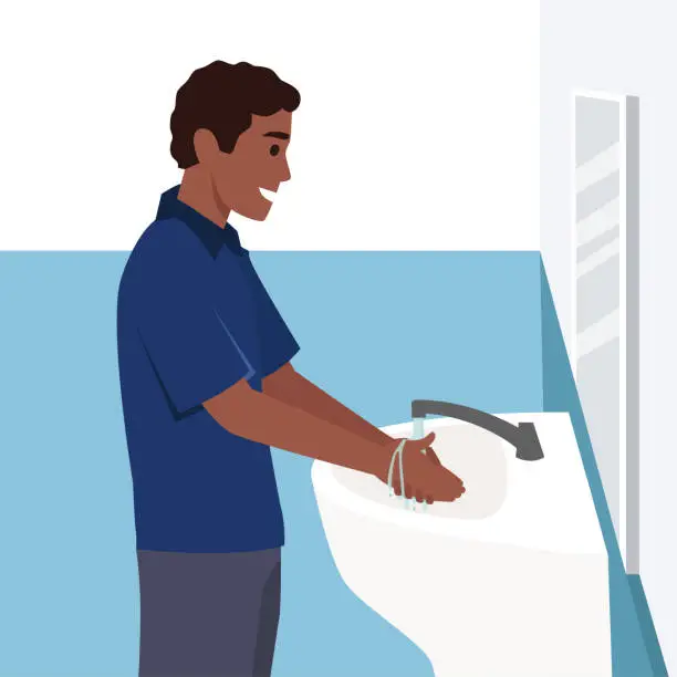 Vector illustration of A man washing his hands in the sink concept vector illustration. Washing hands under faucet with soap and water. Virus and bacteria prevention healthcare in flat design.