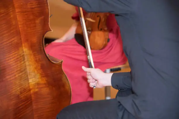 Photo of cello or violoncello, string instrument played with a bow