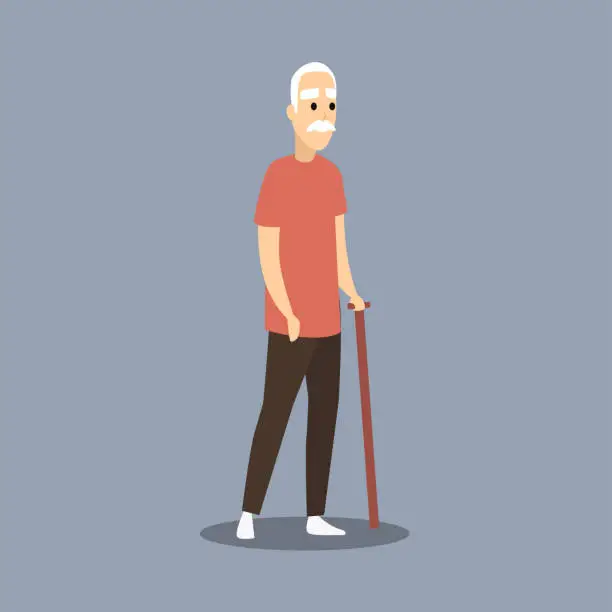 Vector illustration of Old man character. An elderly with glasses and walking cane. Vector illustration old, Senior man flat design. isolated.