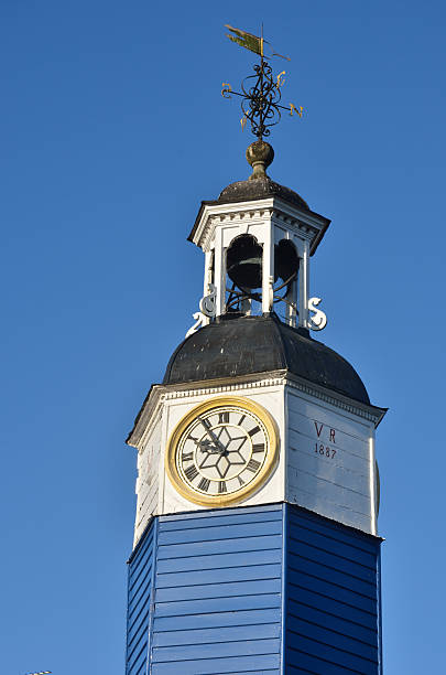 istock Blue wooden town clock 159144795